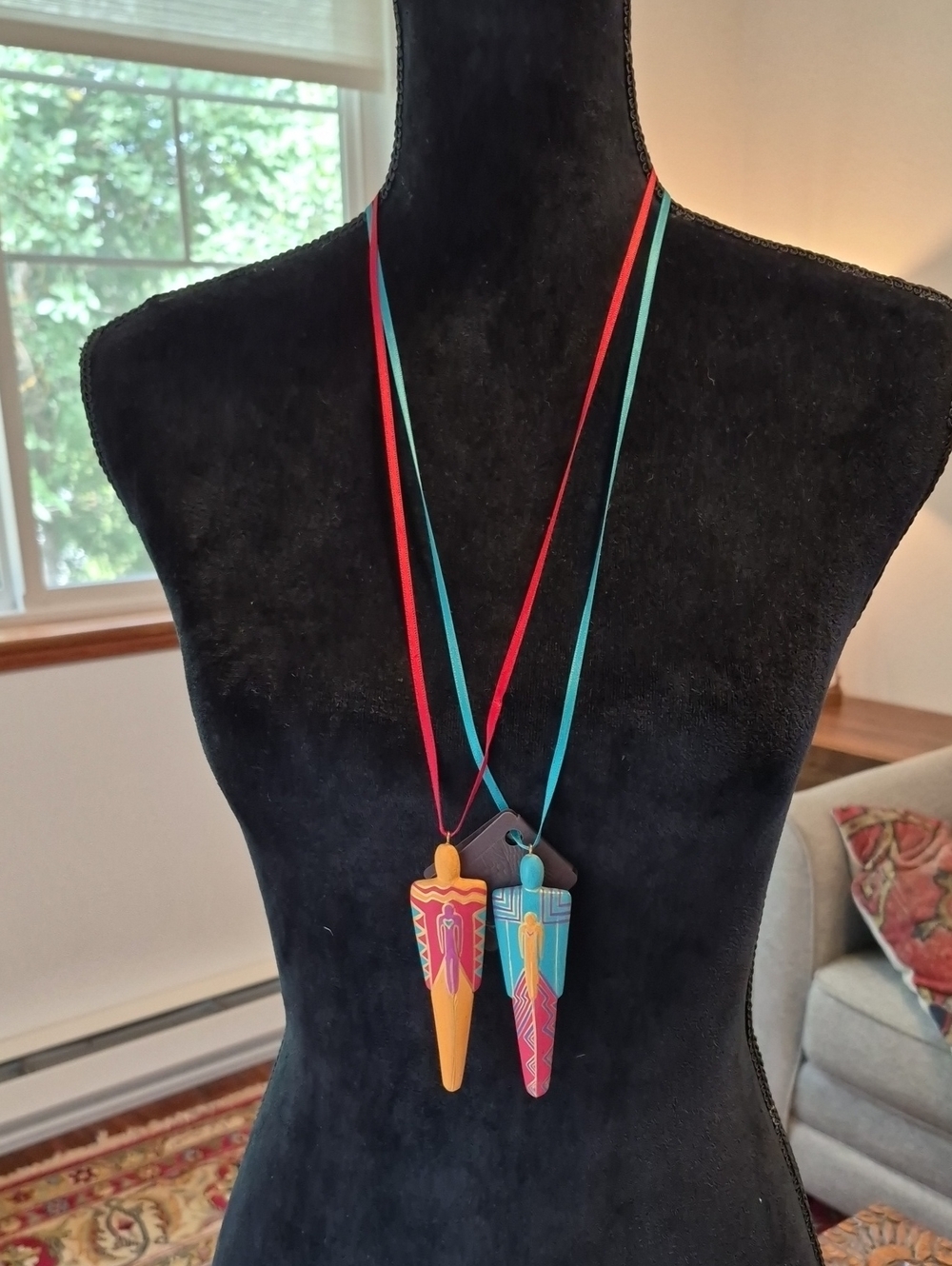 LAUREL BURCH 1992 Signed Wooden Figure Pendant NECKLACES on Ribbon NWT